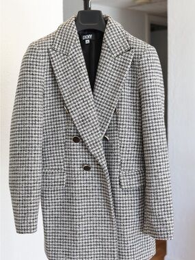 DKNY Black & White Houndstooth Double-Breasted Blazer Coat